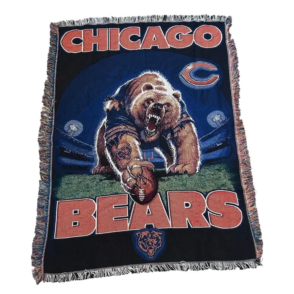 Vintage 90s Chicago Bears NFL Tapestry Fringe Throw Blanket 43x58 Americana